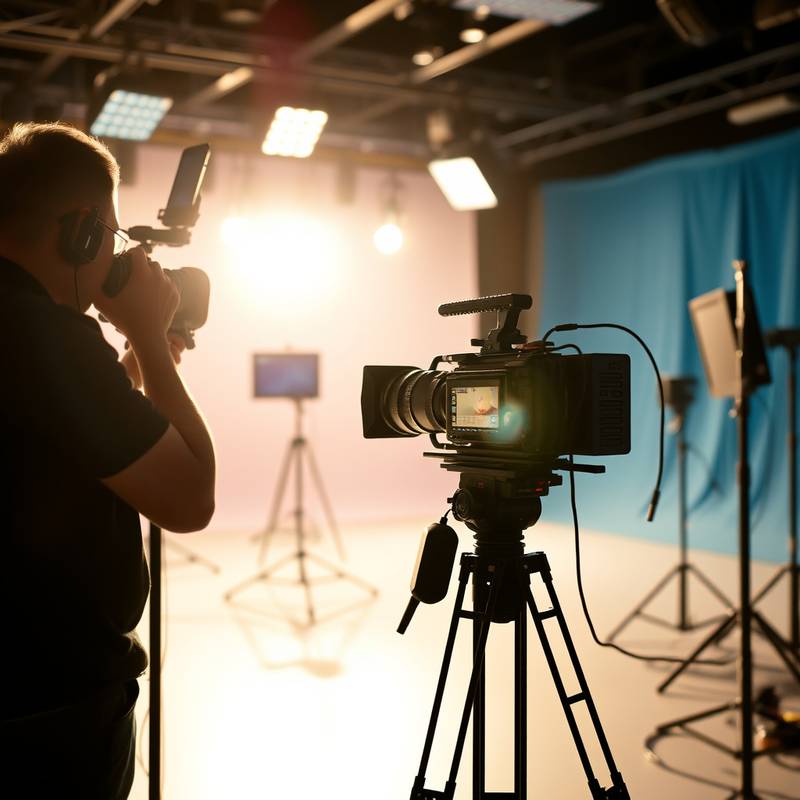 A camera operator filming a scene on a film set, highlighting the cinematography course.