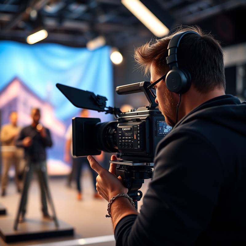 A camera operator filming a scene on a film set, highlighting the cinematography course.