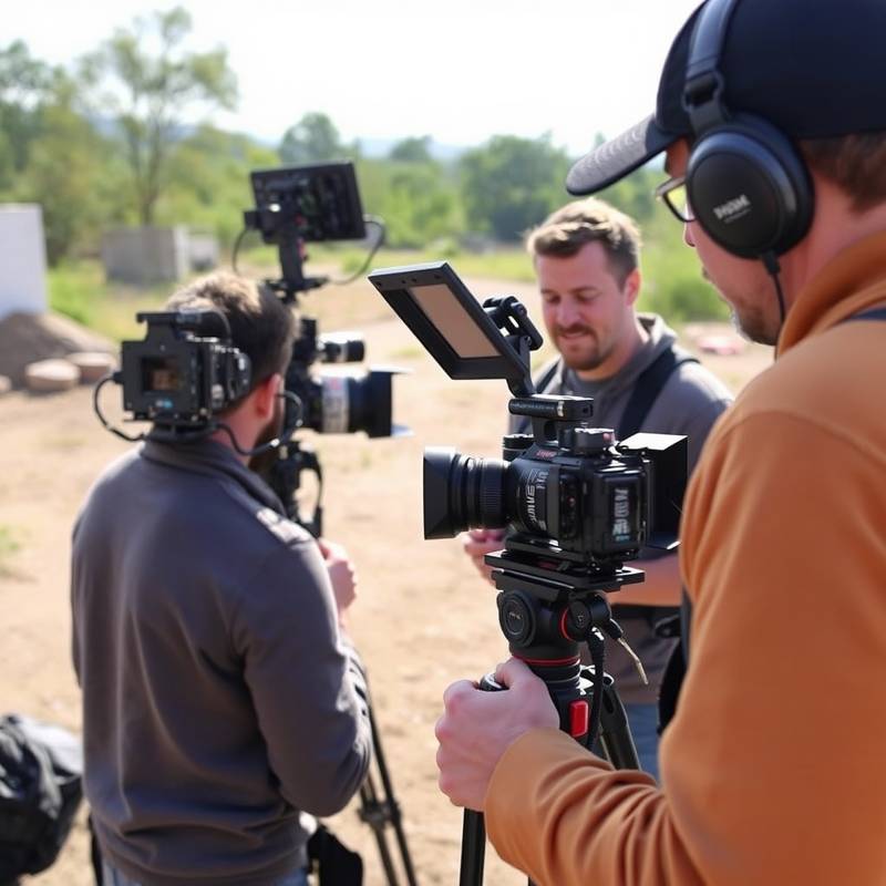A film crew setting up equipment on location, representing the production management course.