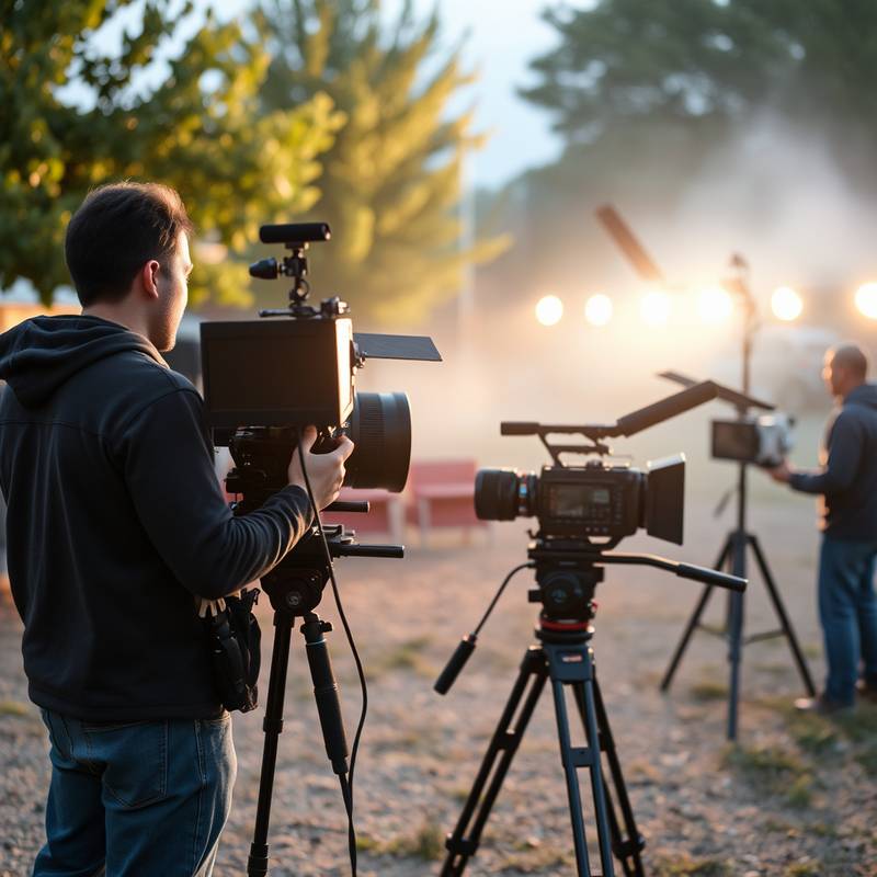 A film crew setting up equipment on location, representing the production management course.