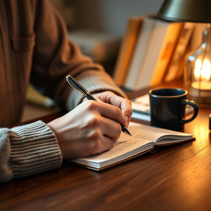A person writing a script at a desk with a notebook and pen, illustrating the scriptwriting course.