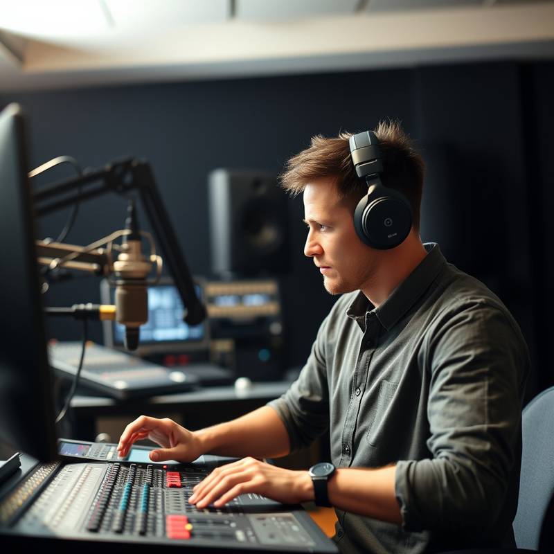 A sound engineer working on audio mixing in a studio, showing the sound design course.