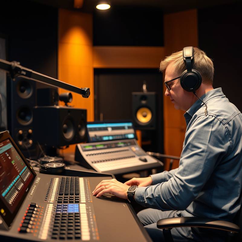 A sound engineer working on audio mixing in a studio, showing the sound design course.