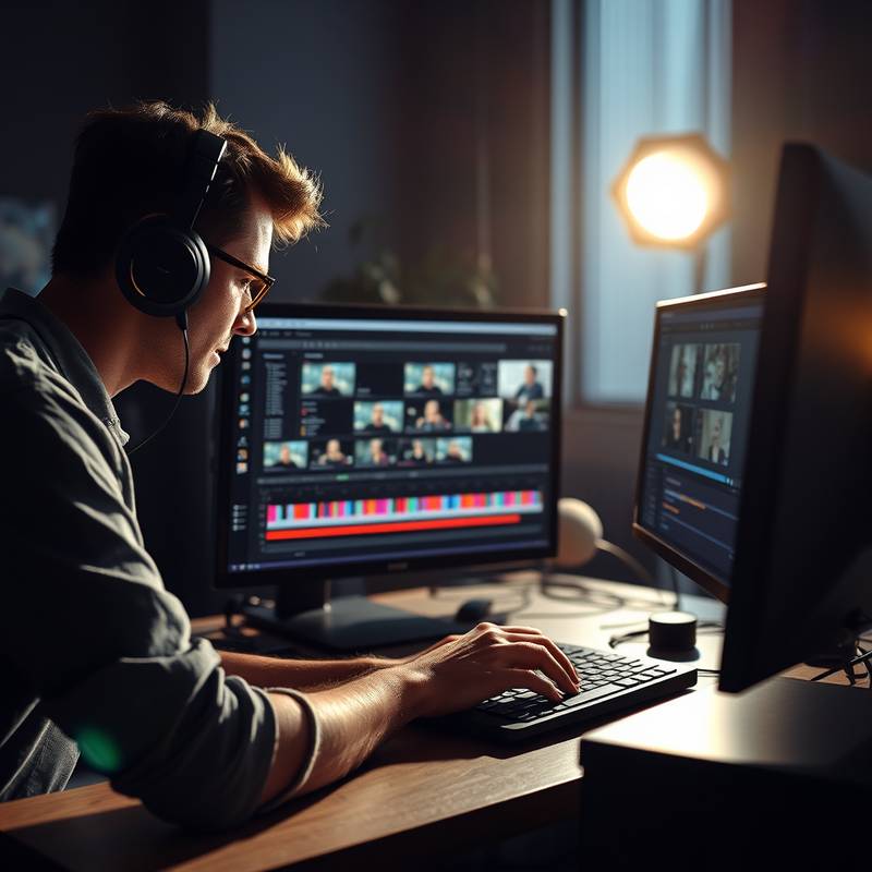 A video editor working on a timeline with multiple video clips on a computer screen, representing the video editing course.