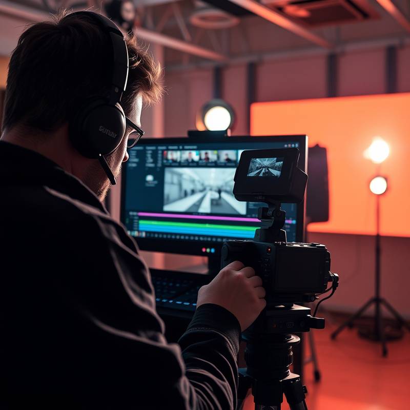 A video editor working on a timeline with multiple video clips on a computer screen, representing the video editing course.