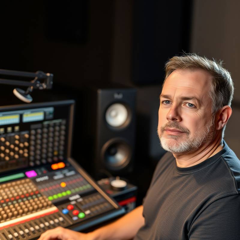 Liam O'Connell, the Sound Design Instructor, pictured with audio mixing equipment.